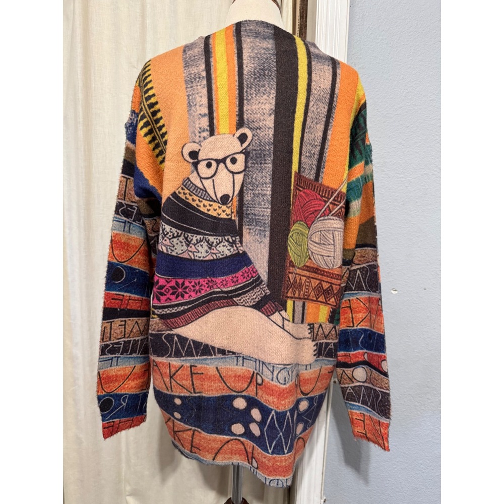 Women Wool Cotton Sweater L Oversized Polar Bear Knitting Graphic Novelty Orange - Picture 5 of 12